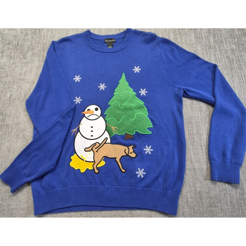 Alex Stevens XL Ugly Christmas Sweater Blue Snowman Dog Tree 100% Cotton funny